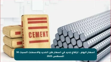 أسعار اليوم.. ارتفاع جديد في أسعار طن الحديد والأسمنت السبت 30 أغسطس 2025